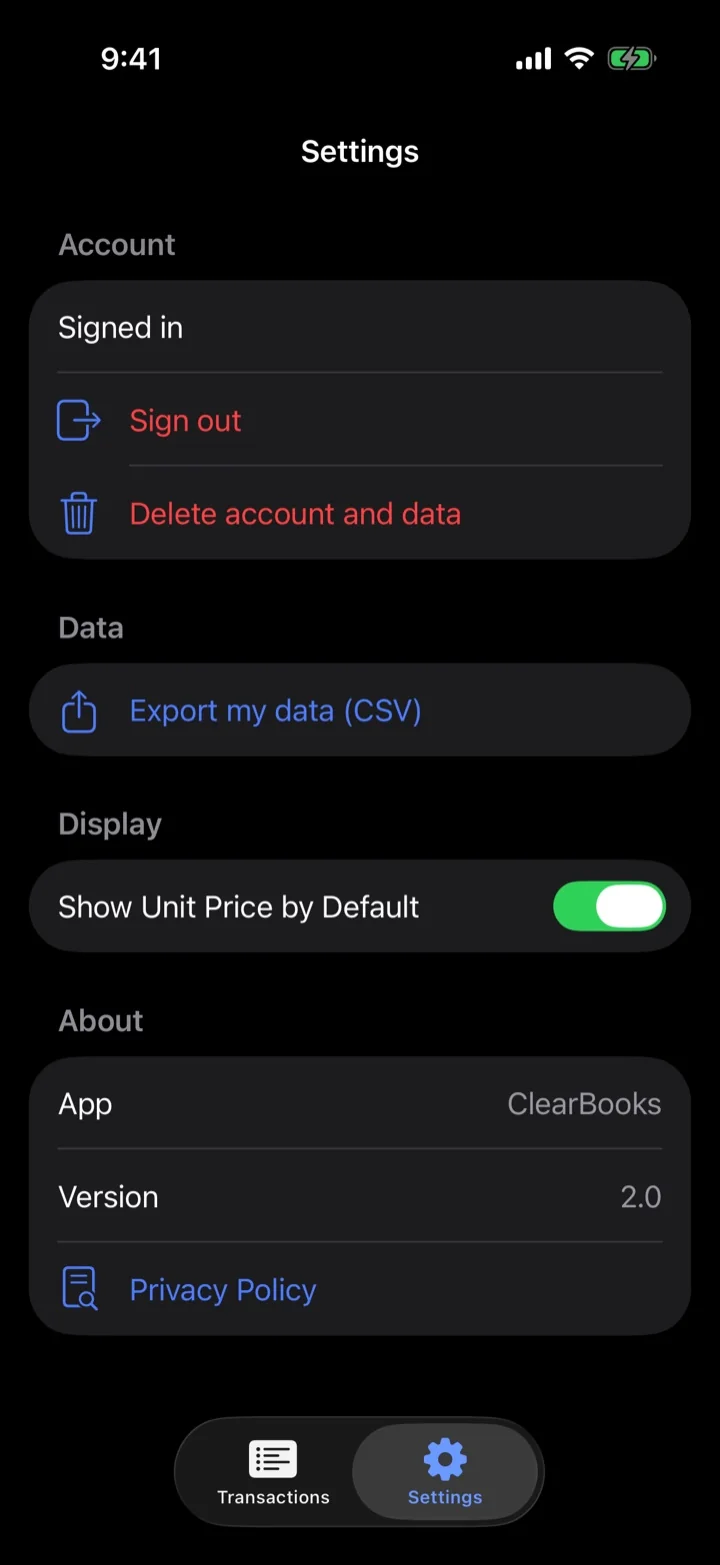 ClearBooks iPhone app in dark mode, settings: account, CSV export, display and about