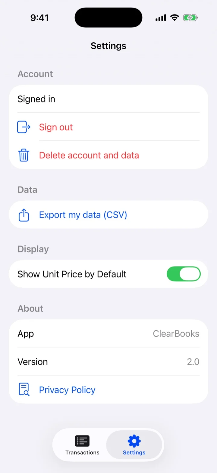ClearBooks iPhone app in light mode, settings: account, CSV export, display and about