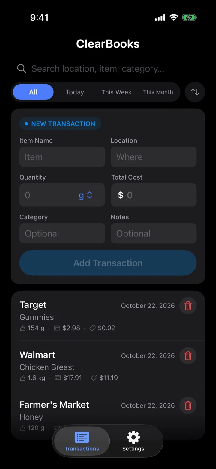 ClearBooks iPhone app in dark mode, the new transaction form and recent purchases