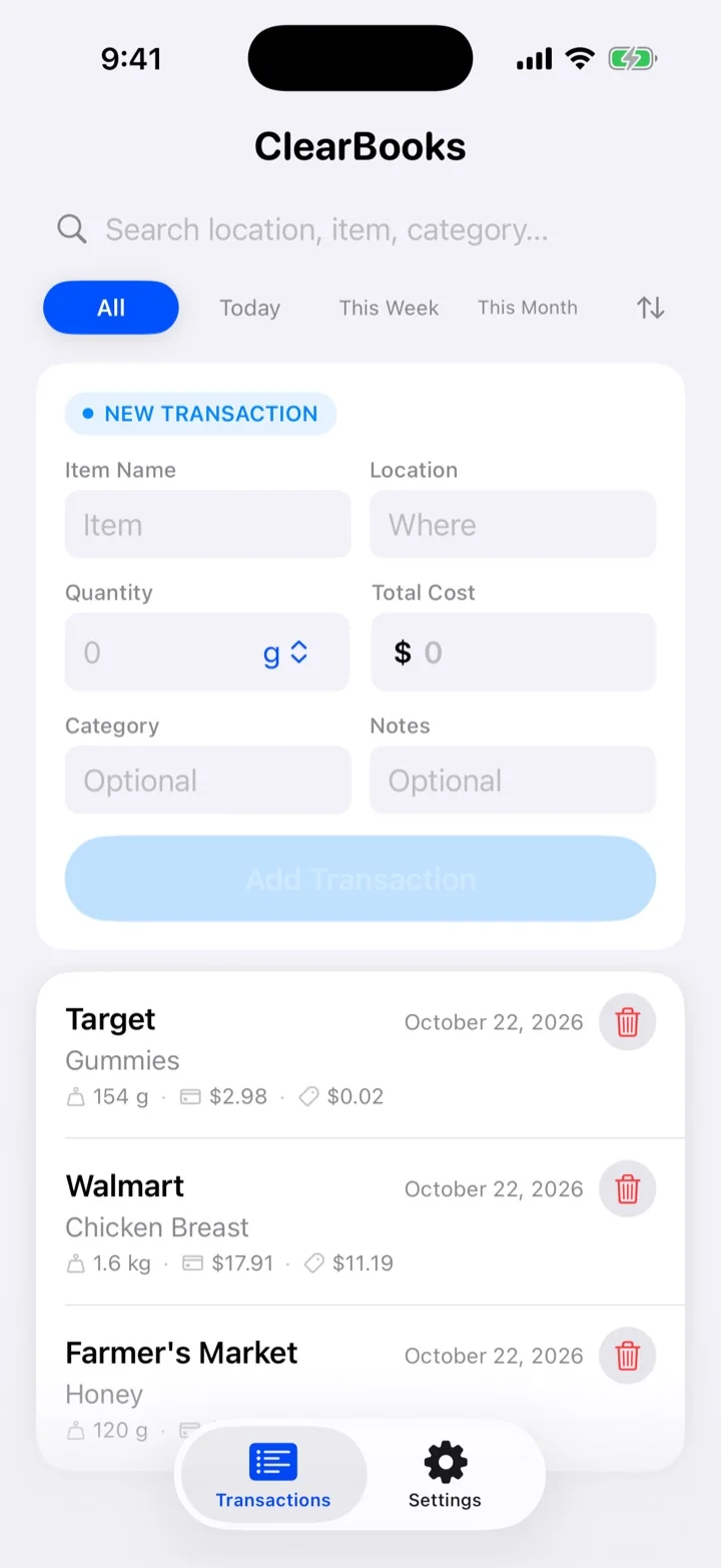 ClearBooks iPhone app in light mode, the new transaction form and recent purchases